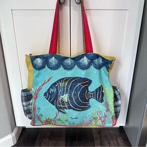 Kate McRostie surf n sand oversized tote w/fish design beadwork resort yellow
